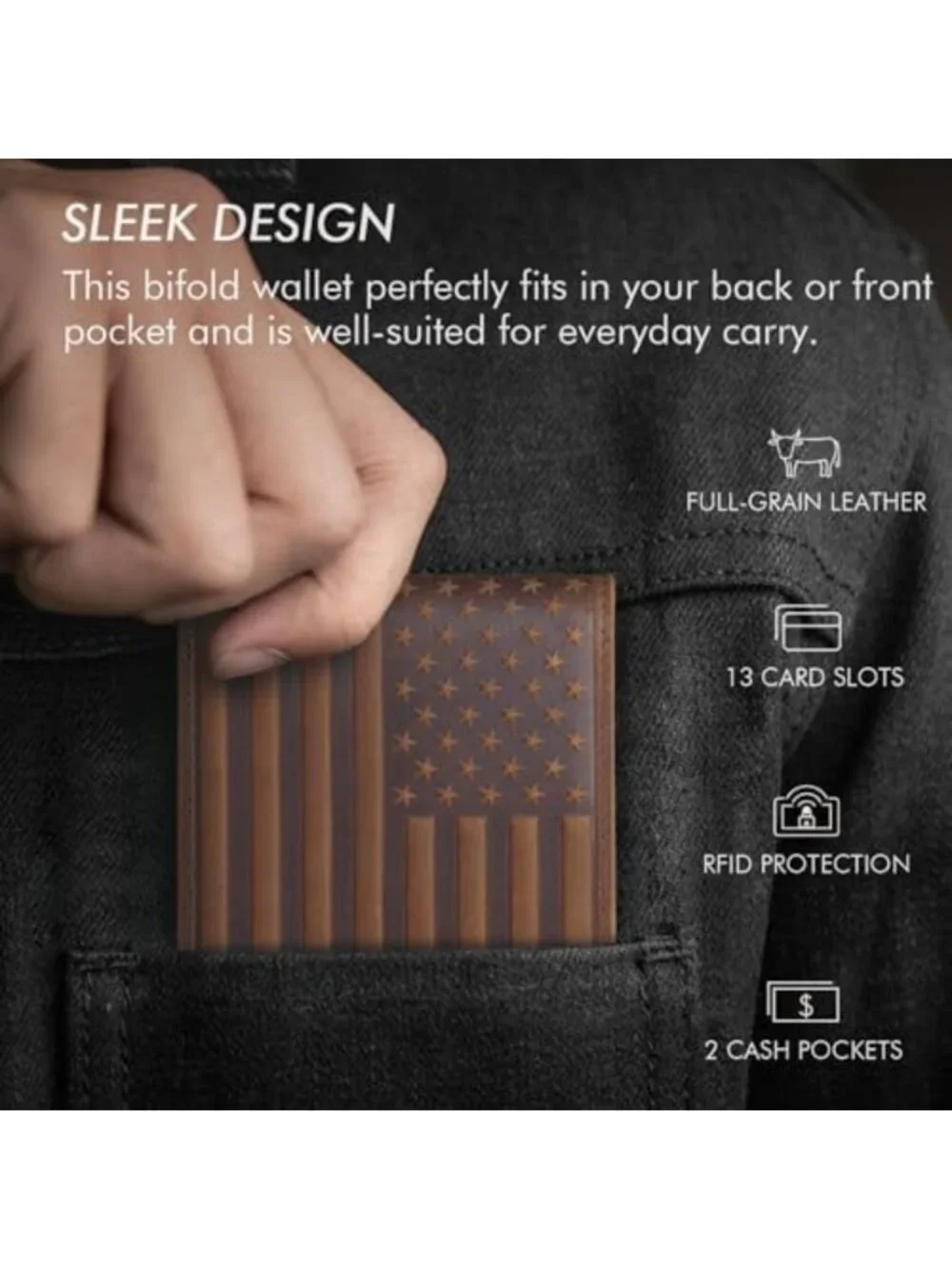 RFID Blocking Bifold Wallet for Men, Full Grain Leather, 13 Card Slots, 2 ID